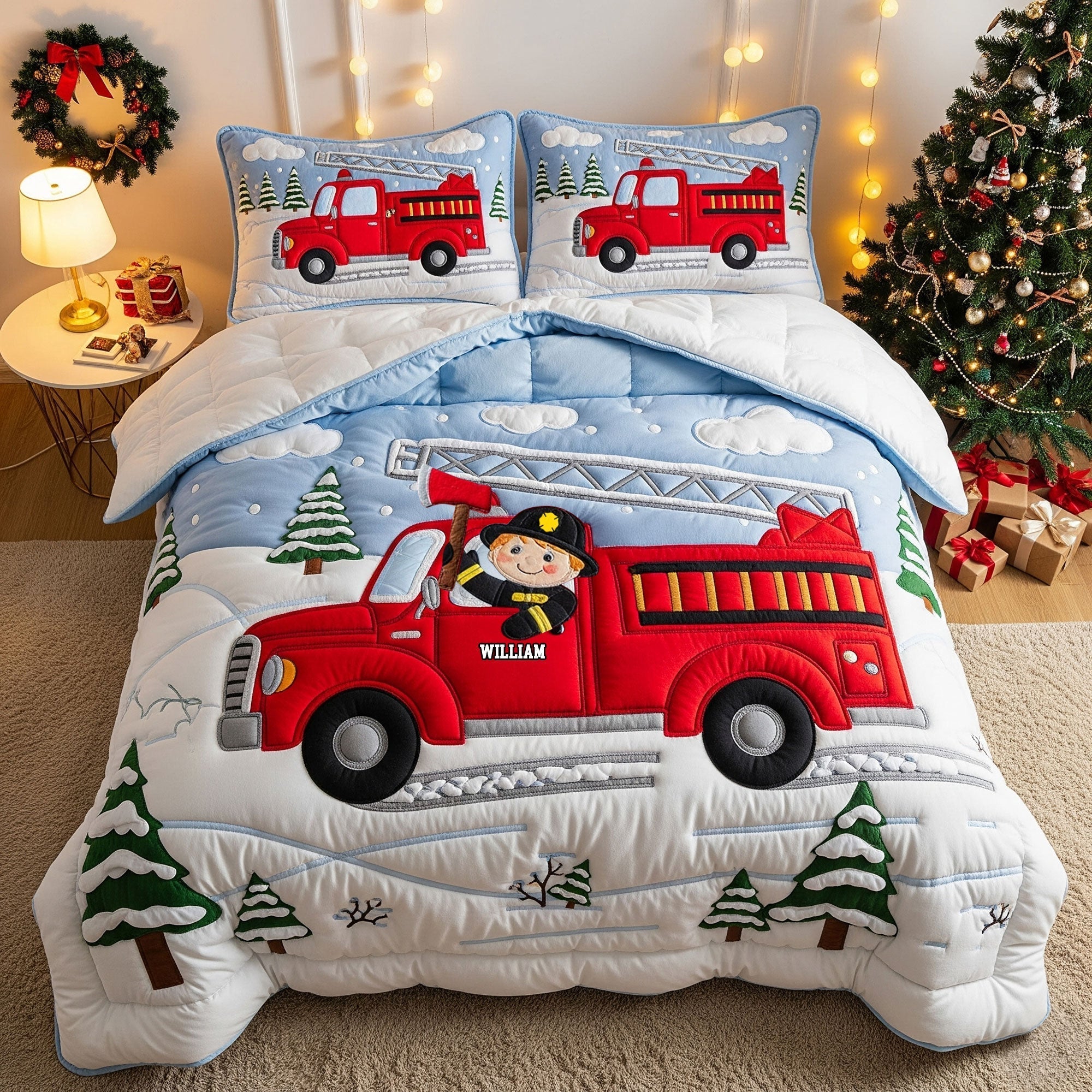“Ignite Your Child’s Imagination!” - Cute Kid Playing Firefighter Quilt Bed Set - Customizable Gift for Kids Blanket PopCulturePrints