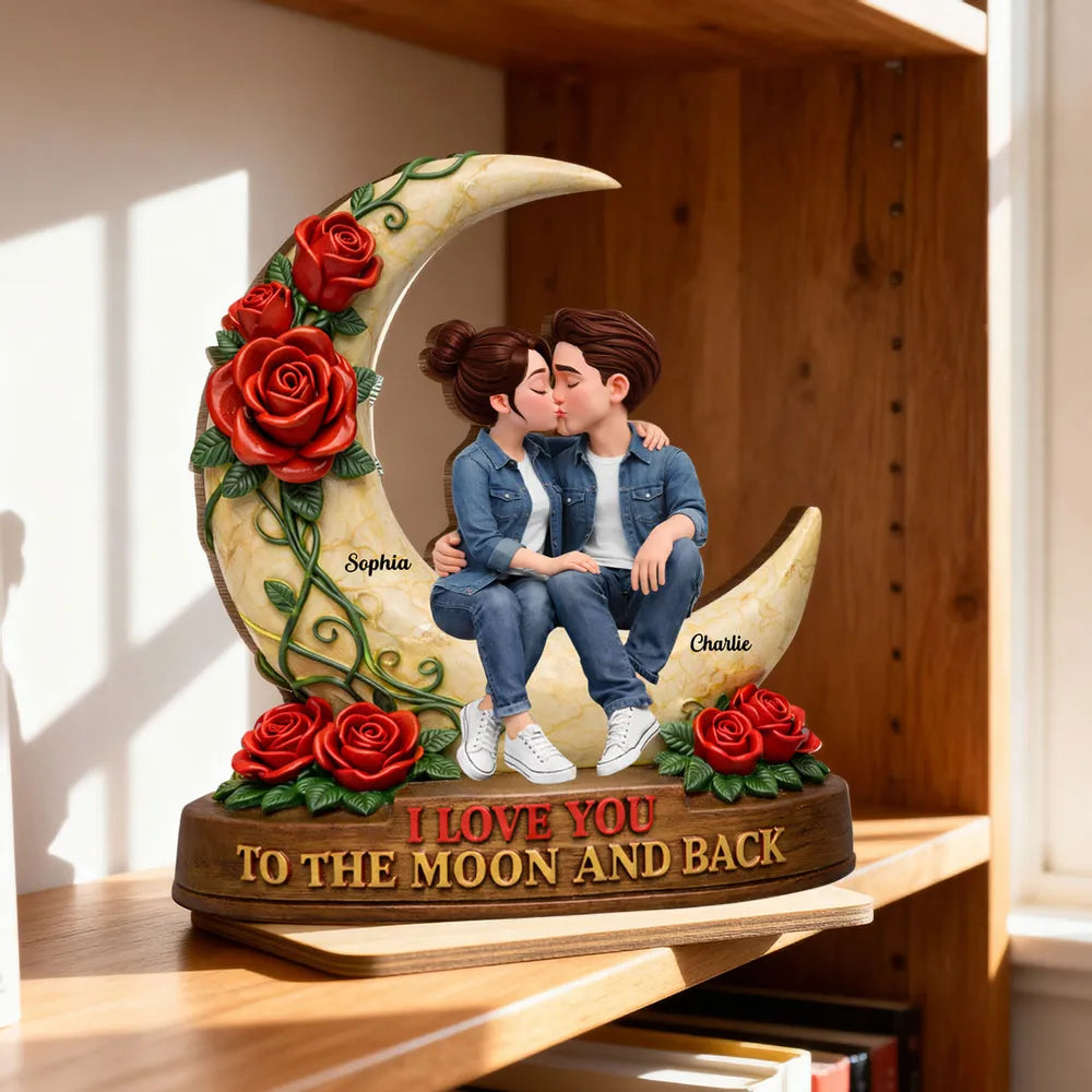 Personalized Romantic Couple Figurine with Moon and Roses - Perfect for Anniversaries Plaque MagicInPrints