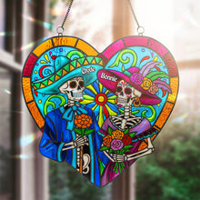 Load image into Gallery viewer, “Together Forever” - Colorful Skull Couple Suncatcher - Personalized Gift for Couples Ornament MagicInPrints
