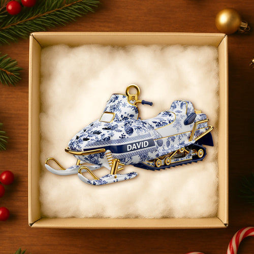 “Ride Through the Snow” - Personalized Snowmobile Toile de Jouy Ornament - Unique Christmas Gift for Friends and Family Ornament MagicInPrints