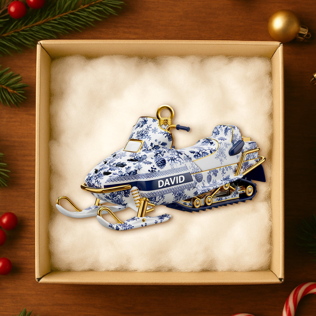 “Ride Through the Snow” - Personalized Snowmobile Toile de Jouy Ornament - Unique Christmas Gift for Friends and Family Ornament MagicInPrints