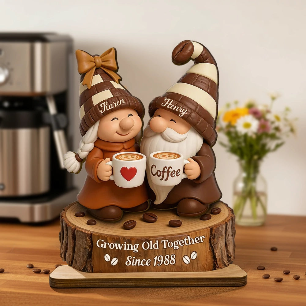 Personalized Couple Gnome Figurine for Coffee Lovers - Anniversary Gift Plaque MagicInPrints