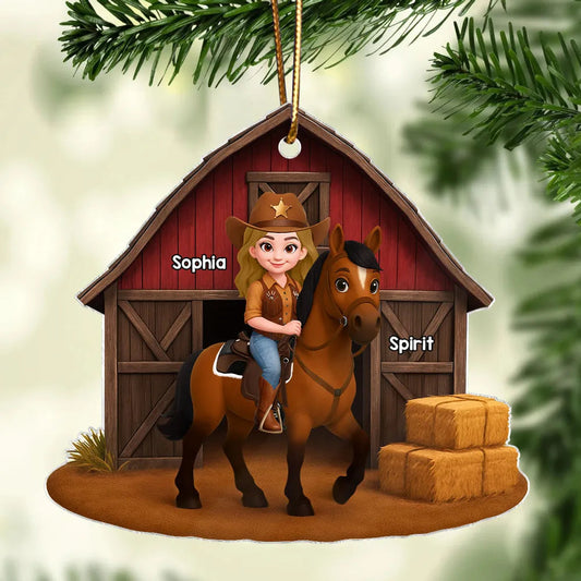 Personalized Horse Riding Ornament for Kids - Custom Name Barn Scene Ornament MagicInPrints