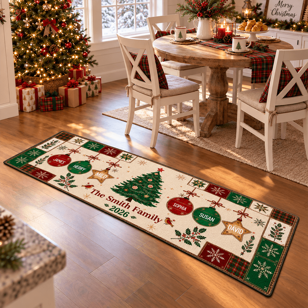 Personalized Christmas Doormat with Tree & Ornaments - Unique Family Gift