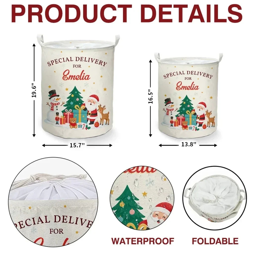 Personalized Round Storage Basket Red Green Santa Scene Gift for Family