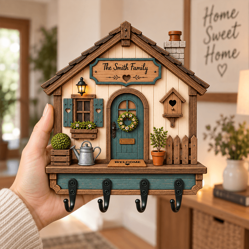 Personalized Wooden Key Holder Custom Name Cottage Decor Gift for Couples