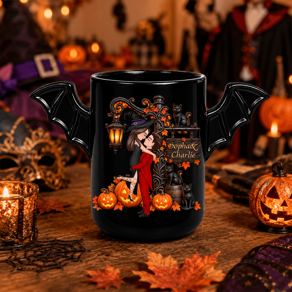 Personalized Halloween Couple Mug Custom Name Bat Wing Gift