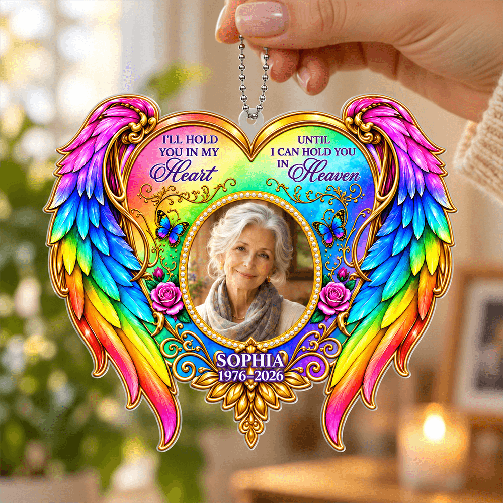 Personalized Acrylic Car Hanger with Rainbow Angel Wings Remembrance Gift