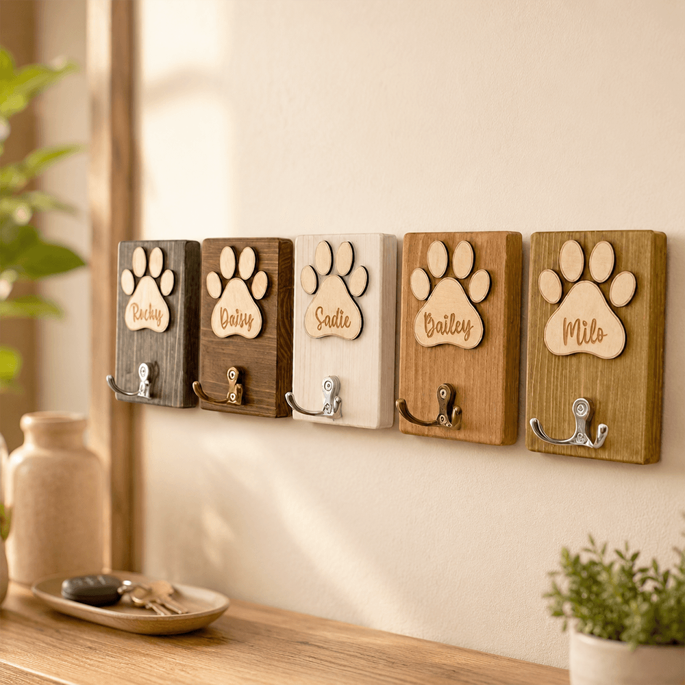 Personalized Wooden Pet Leash Holder Custom Dog Name Hook Gift for Pet Lovers