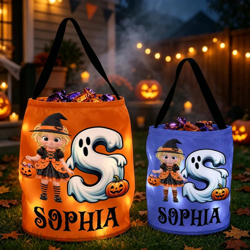 Personalized LED Light Up Halloween Basket for Kids - Witch Design