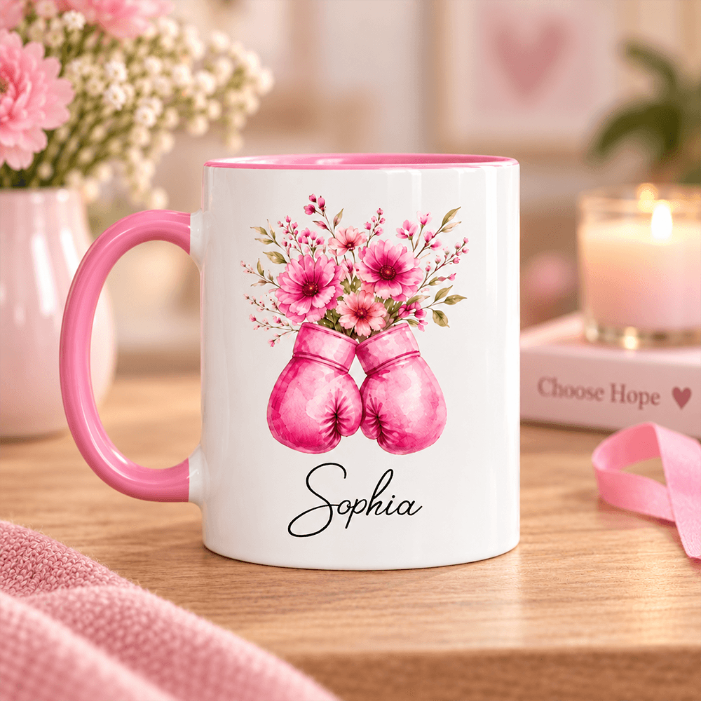 Personalized Floral Boxing Gloves Mug Gift for Her - Breast Cancer Support