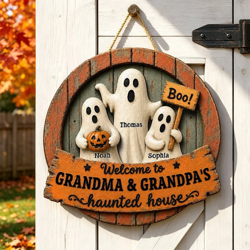 Personalized Wooden Halloween Sign with Ghosts & Pumpkin Gift for Grandma and Grandpa