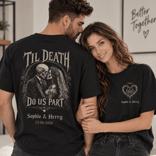 Load image into Gallery viewer, Personalized Gothic Skeleton Couple T-Shirt Custom Names Gift
