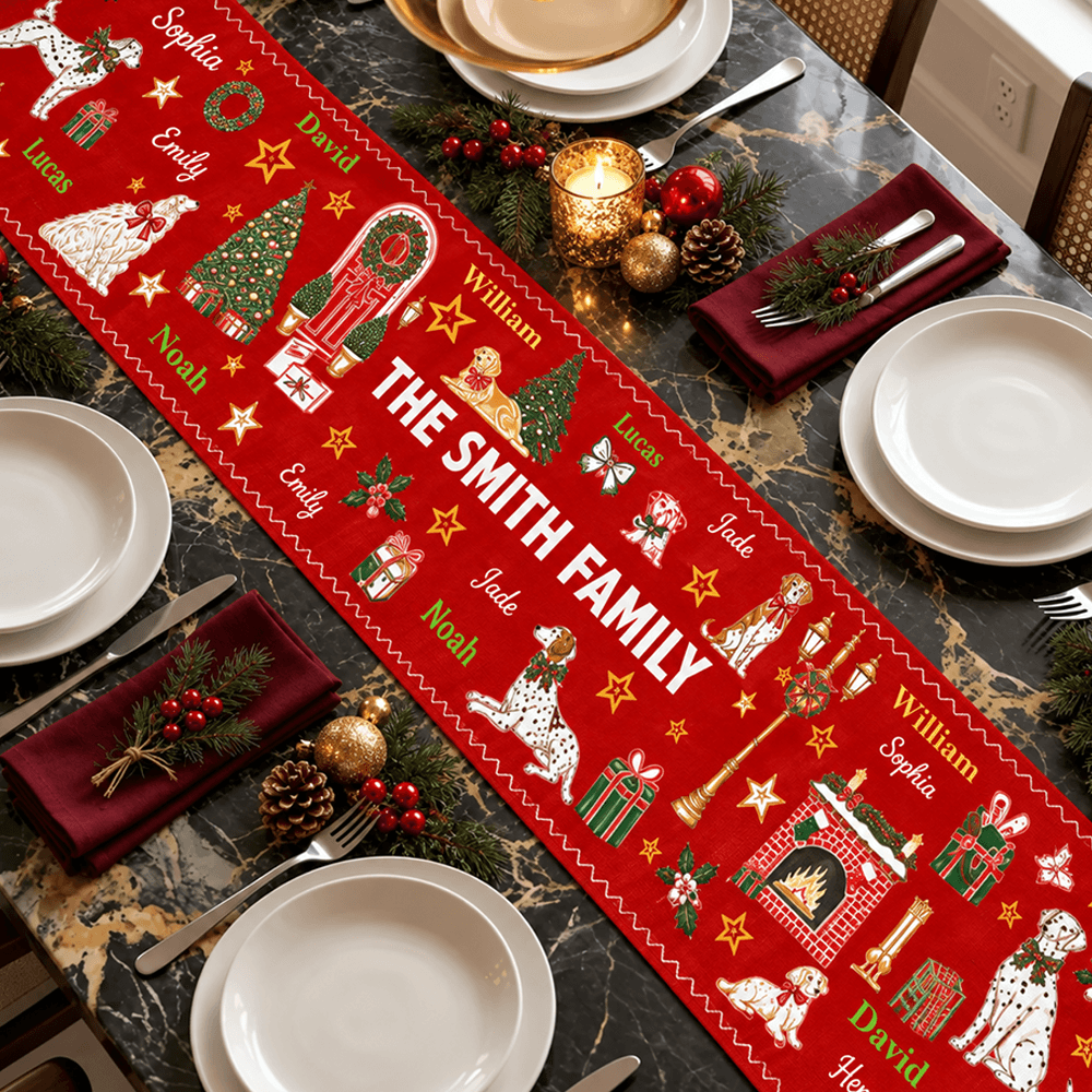 Personalized Christmas Table Runner Custom Family Name Holiday Decor