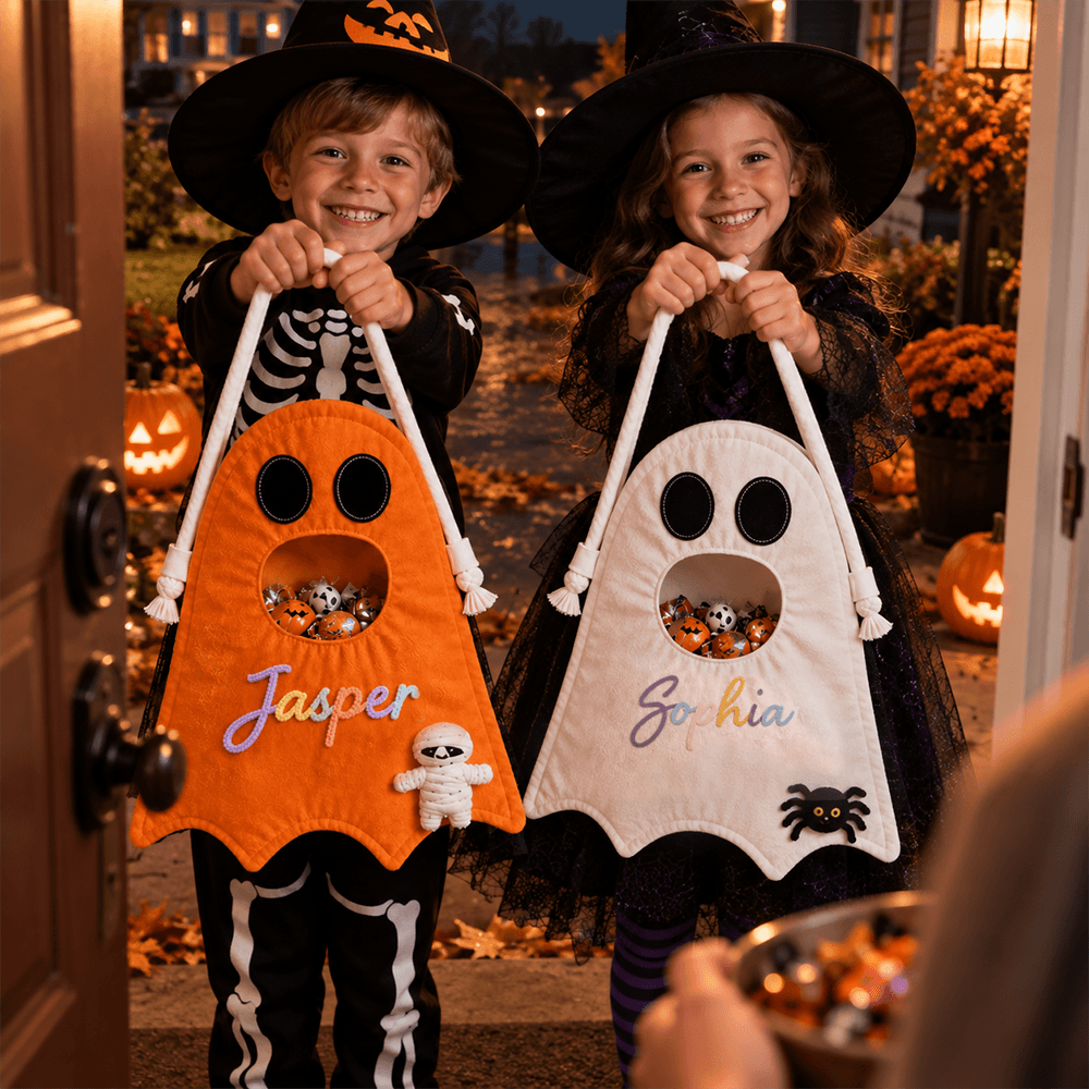 Personalized Crochet Ghost Trick-or-Treat Bag for Kids with Custom Name & Halloween Icon