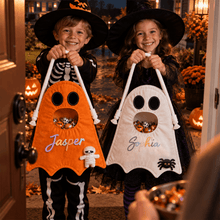 Load image into Gallery viewer, Personalized Crochet Ghost Trick-or-Treat Bag for Kids with Custom Name &amp; Halloween Icon
