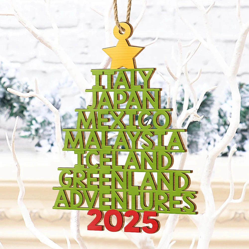 Adventure Awaits – Personalized Custom Shaped Wooden Ornament – Gift for Travel Lovers Wooden Ornament MagicInPrints