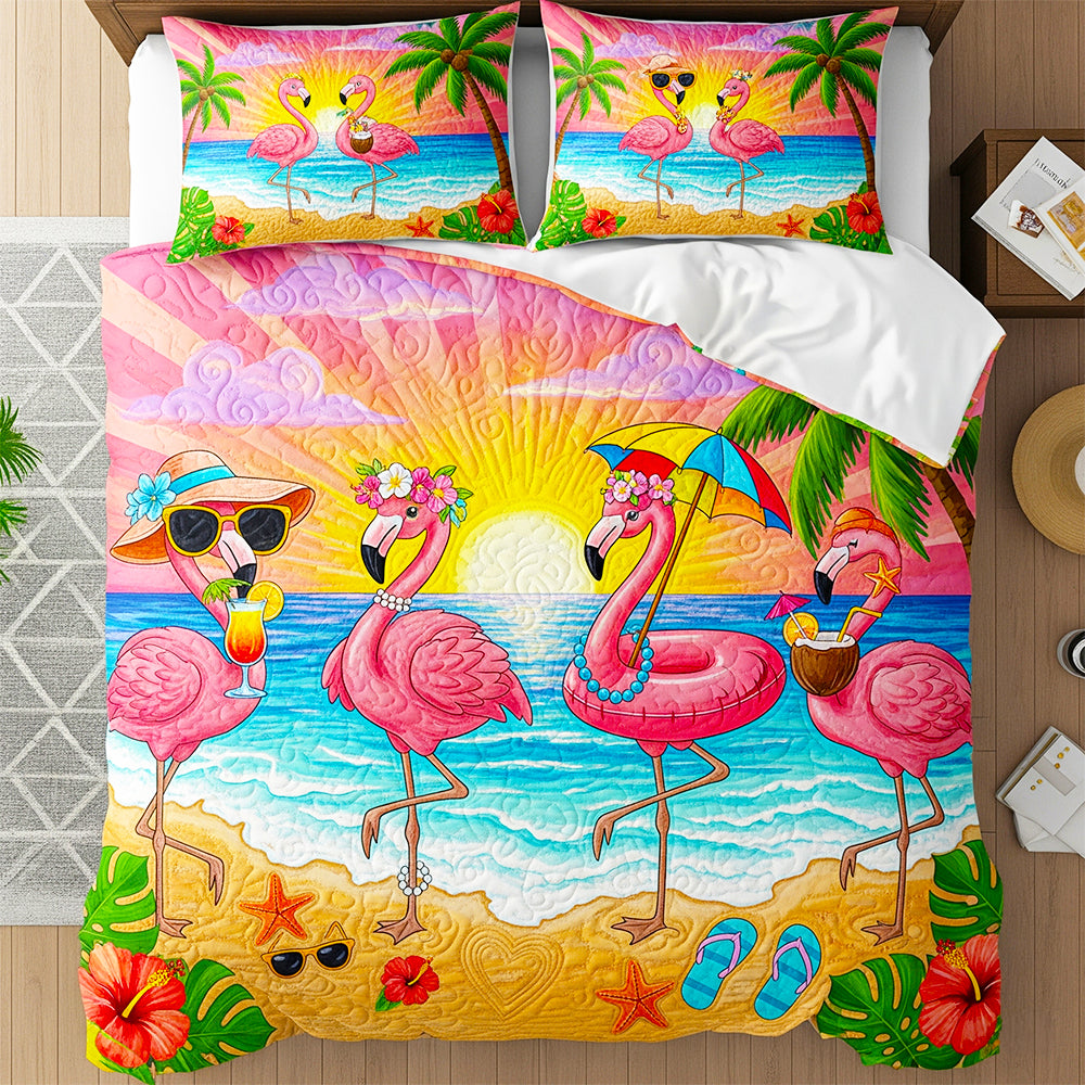 "Savor the Summer Vibes" - Flamingo Summer Quilt Bed Set, Personalized Gift for Flamingo Lovers Blanket MagicInPrints