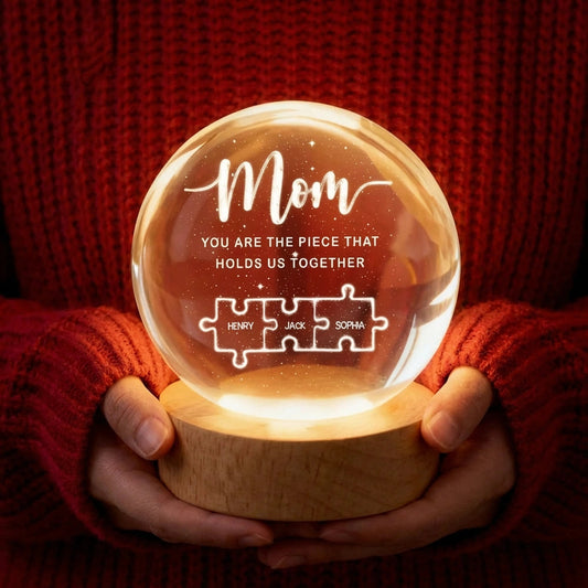 Personalized Crystal Ball Gift for Mom with Puzzle Design - Sentimental Mother's Day Keepsake Lamp MagicInPrints
