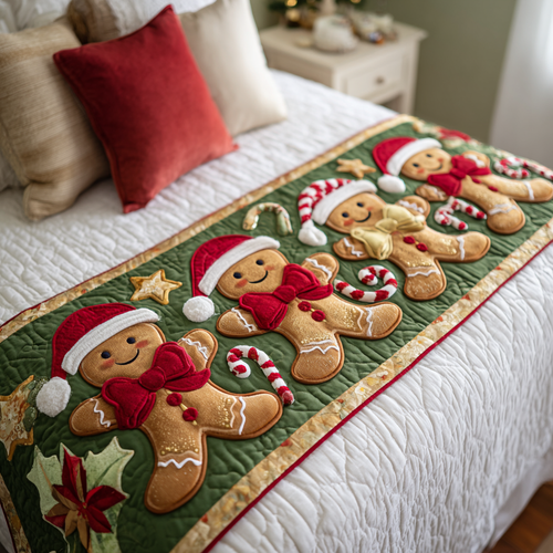Sweeten Your Holiday Spirit – Personalized Gingerbread Dreams Quilted Bed Runner – Gift for Family Quilted Bed Runner MagicInPrints