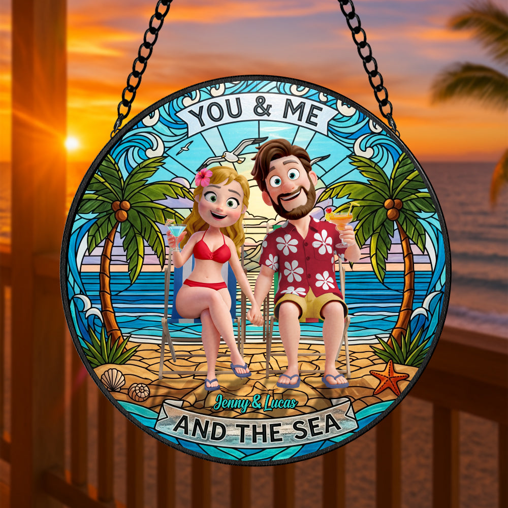 Happy Couple At Beach Stained Glass Suncatcher, Personalized Gifts For Couple 02qhtn160725hg Ornament MagicInPrints