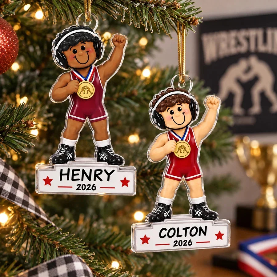Personalized Acrylic Christmas Ornament for Son - Cartoon Wrestling Champion Gift