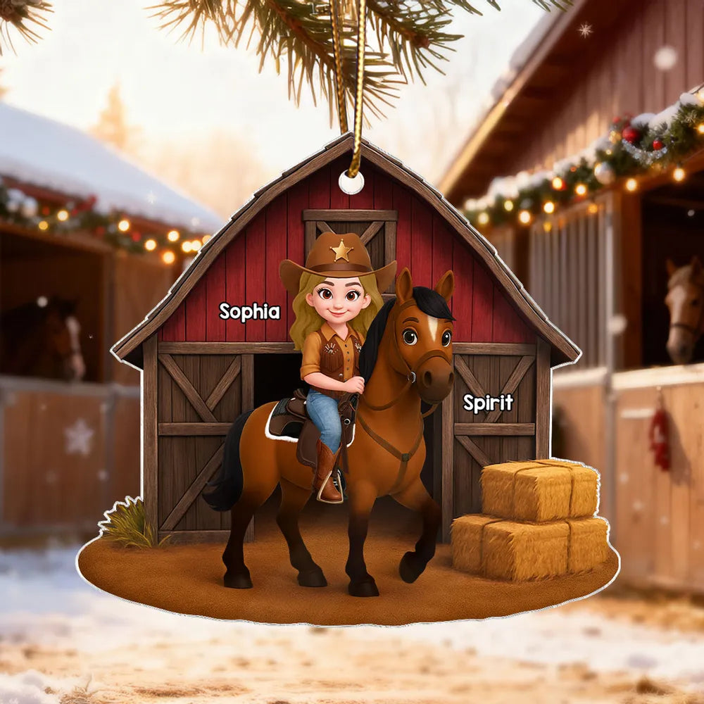 Personalized Horse Riding Ornament for Kids - Custom Name Barn Scene Ornament MagicInPrints