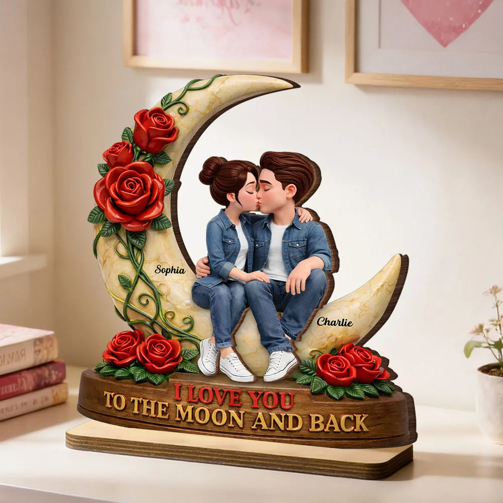 Personalized Romantic Couple Figurine with Moon and Roses - Perfect for Anniversaries Plaque MagicInPrints