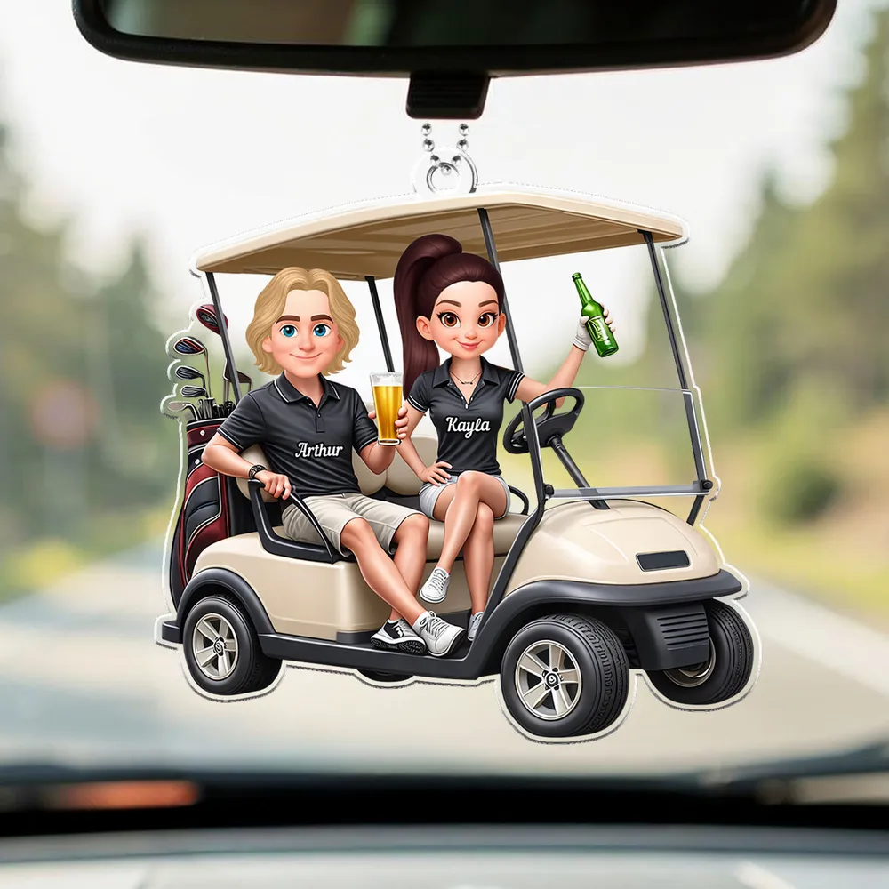 Custom Cartoon Golf Cart Couple Car Ornament - Personalized Gift for Golf Lovers Car Hanger MagicInPrints