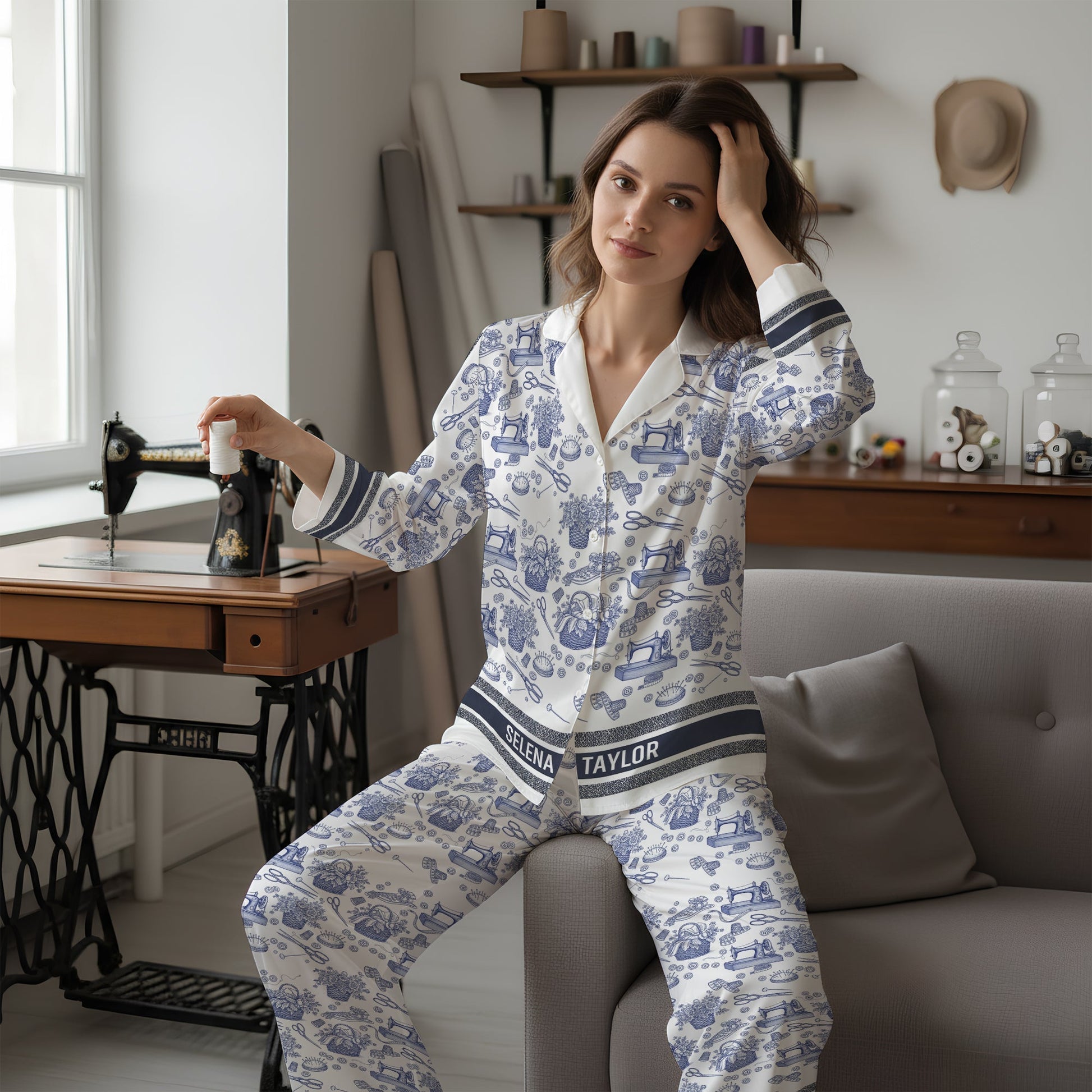 Sewing Toile de Jouy Button Up Pajama Set - Personalized Gift For Sewing Lover Christmas Pajama Pajama Set MagicInPrints
