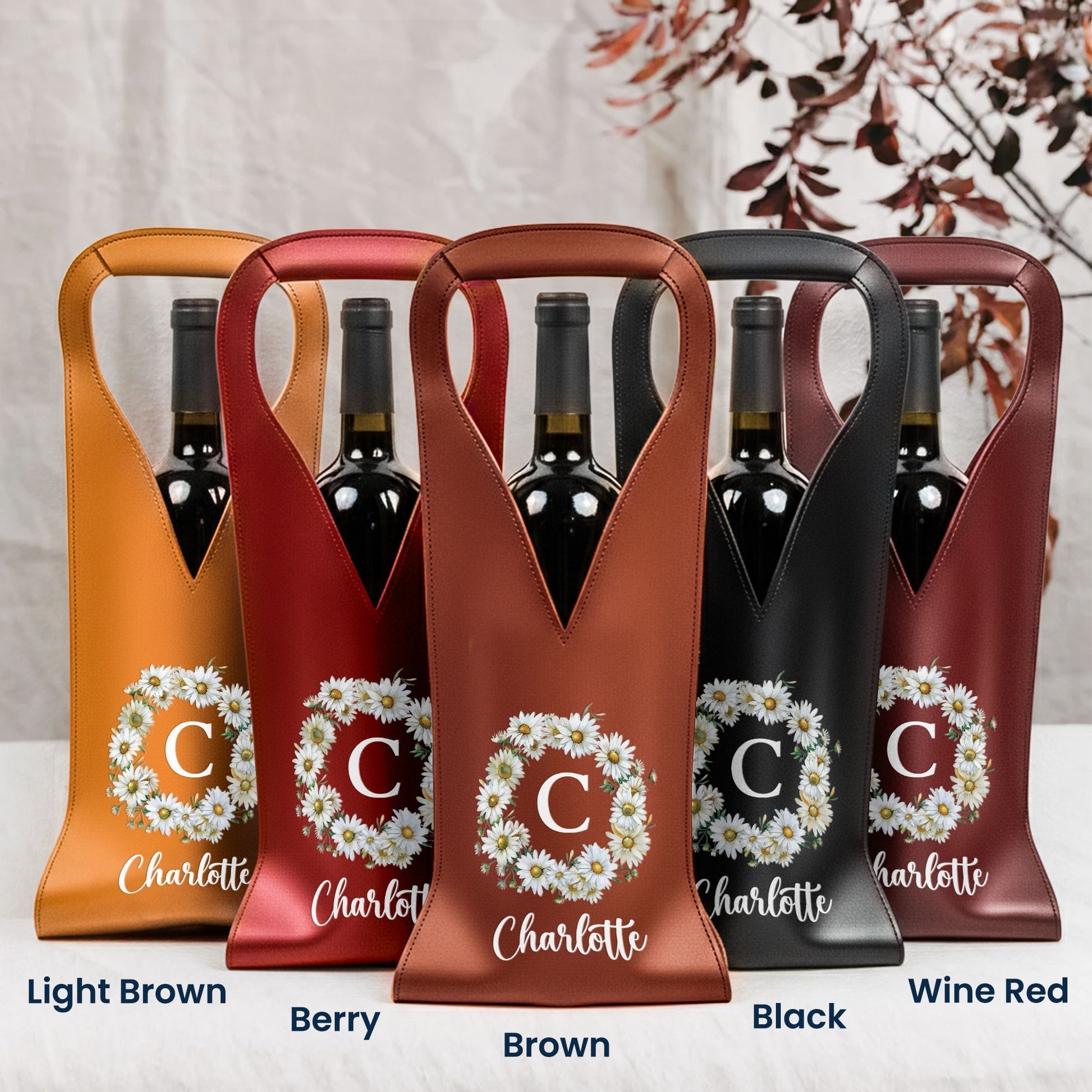 Personalized Leather Wine Bag for Her - Custom Floral Design Gift Bag MagicInPrints