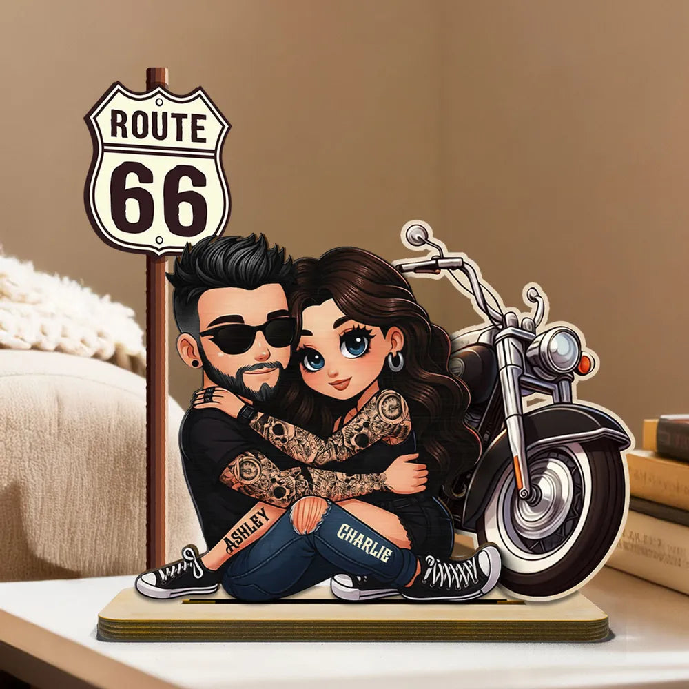 Custom Couple Figurine for Bikers with Route 66 Sign - Romantic Gift Plaque MagicInPrints