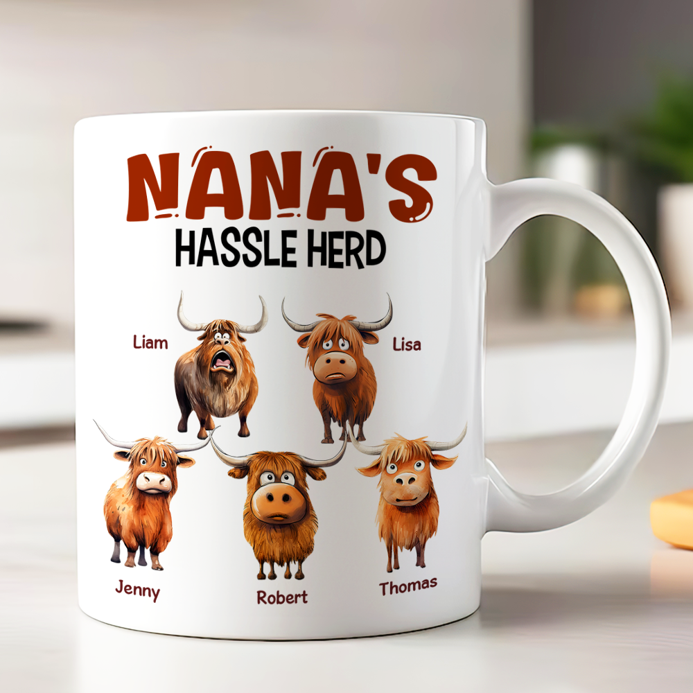 Personalized Mama's Hassle Herd Coffee Mug - Funny Highland Cow Gift Coffee Mug PopCulturePrints