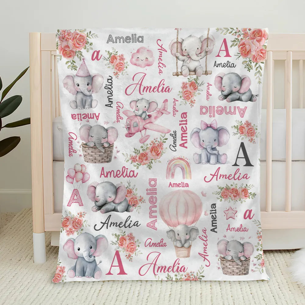 Personalized Baby Blanket for Girls - Cute Elephant Design with Name - Nursery Decor Blanket MagicInPrints