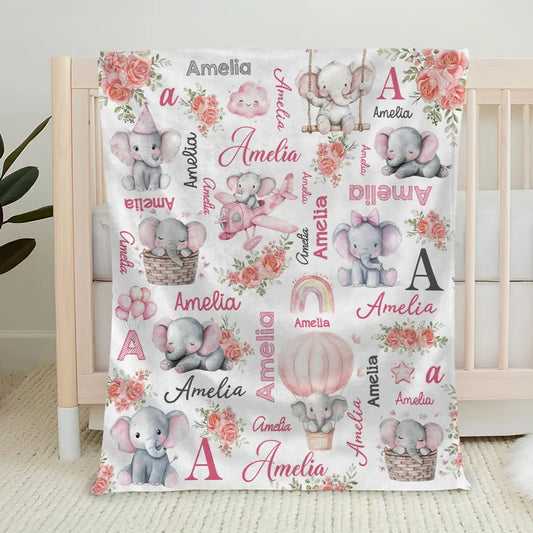 Personalized Baby Blanket for Girls - Cute Elephant Design with Name - Nursery Decor Blanket MagicInPrints