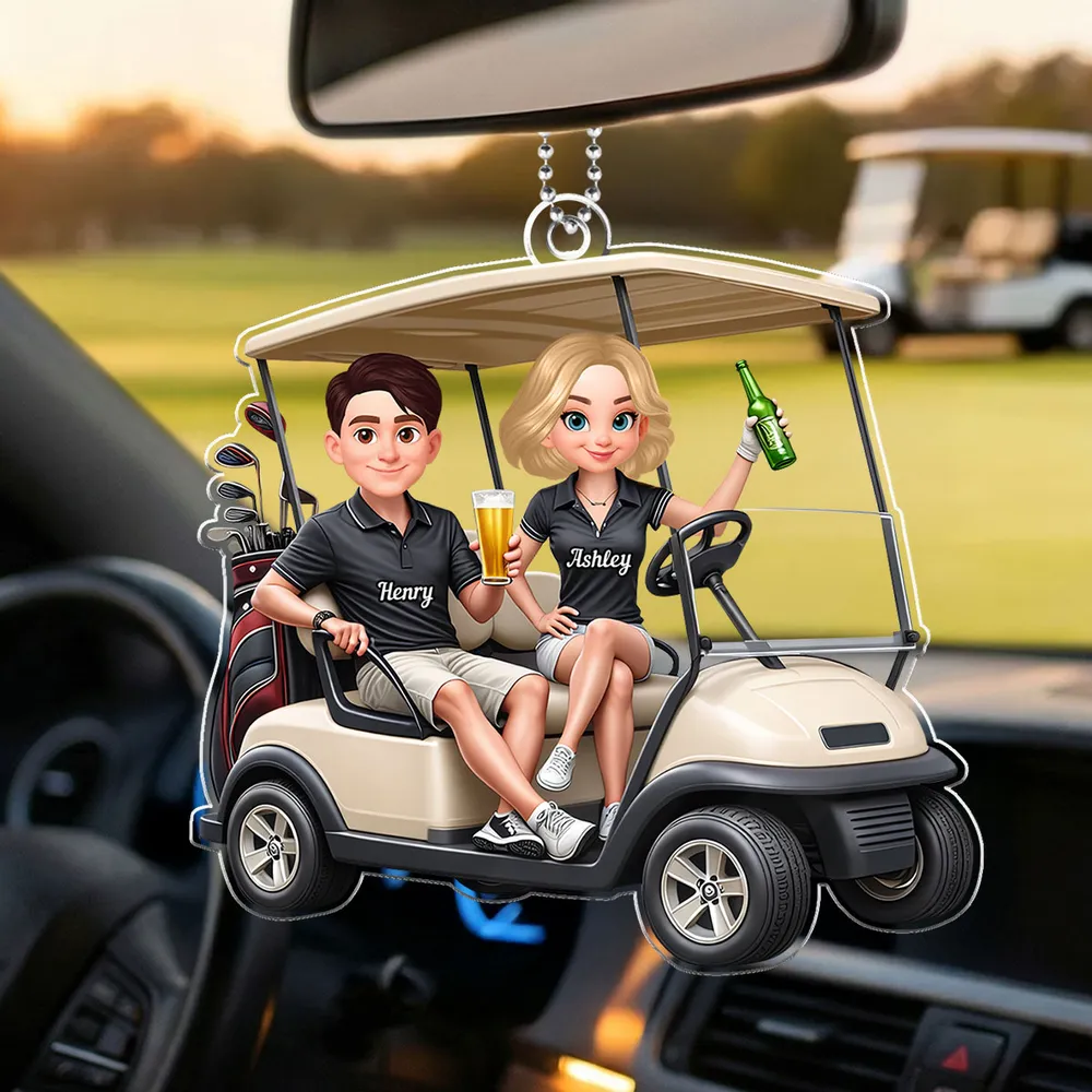 Custom Cartoon Golf Cart Couple Car Ornament - Personalized Gift for Golf Lovers Car Hanger MagicInPrints