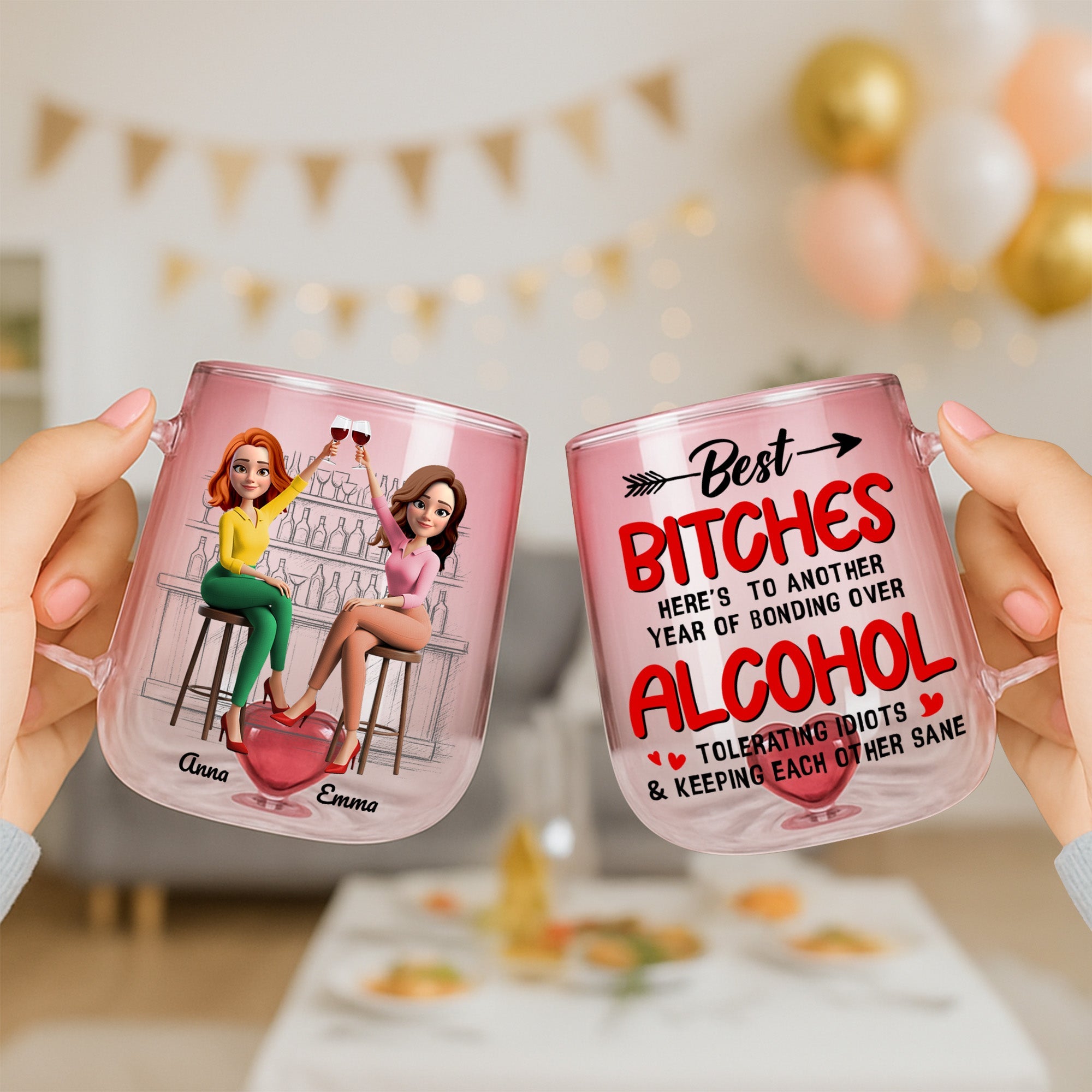 Cheers to Friendship and Fun - Partner In Wine Personalized 3D Heart Glass Mug 3D Heart Glass Mug MagicInPrints