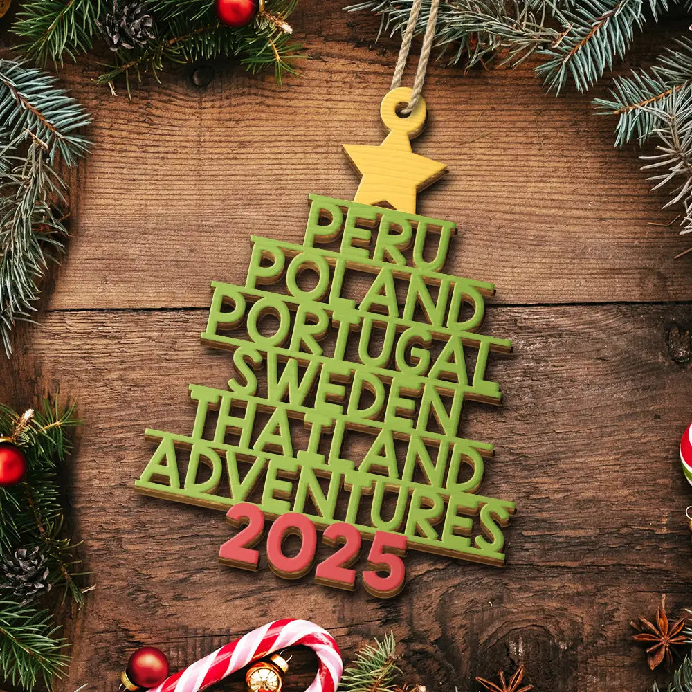 Adventure Awaits – Personalized Custom Shaped Wooden Ornament – Gift for Travel Lovers Wooden Ornament MagicInPrints