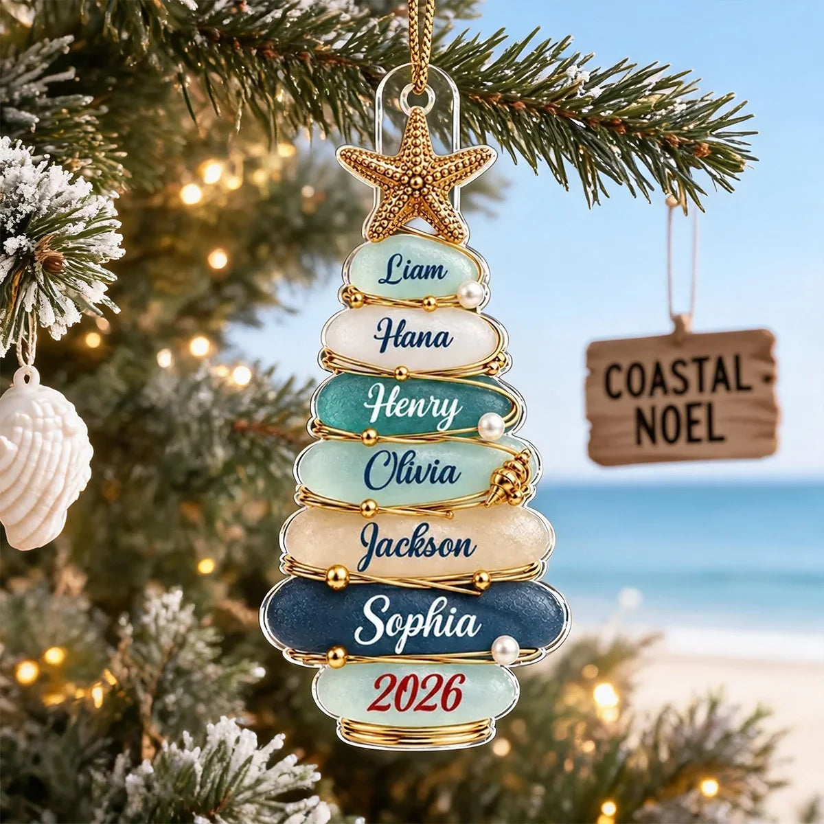 Personalized Coastal Acrylic Ornament with Christmas Tree & Starfish Family Gift