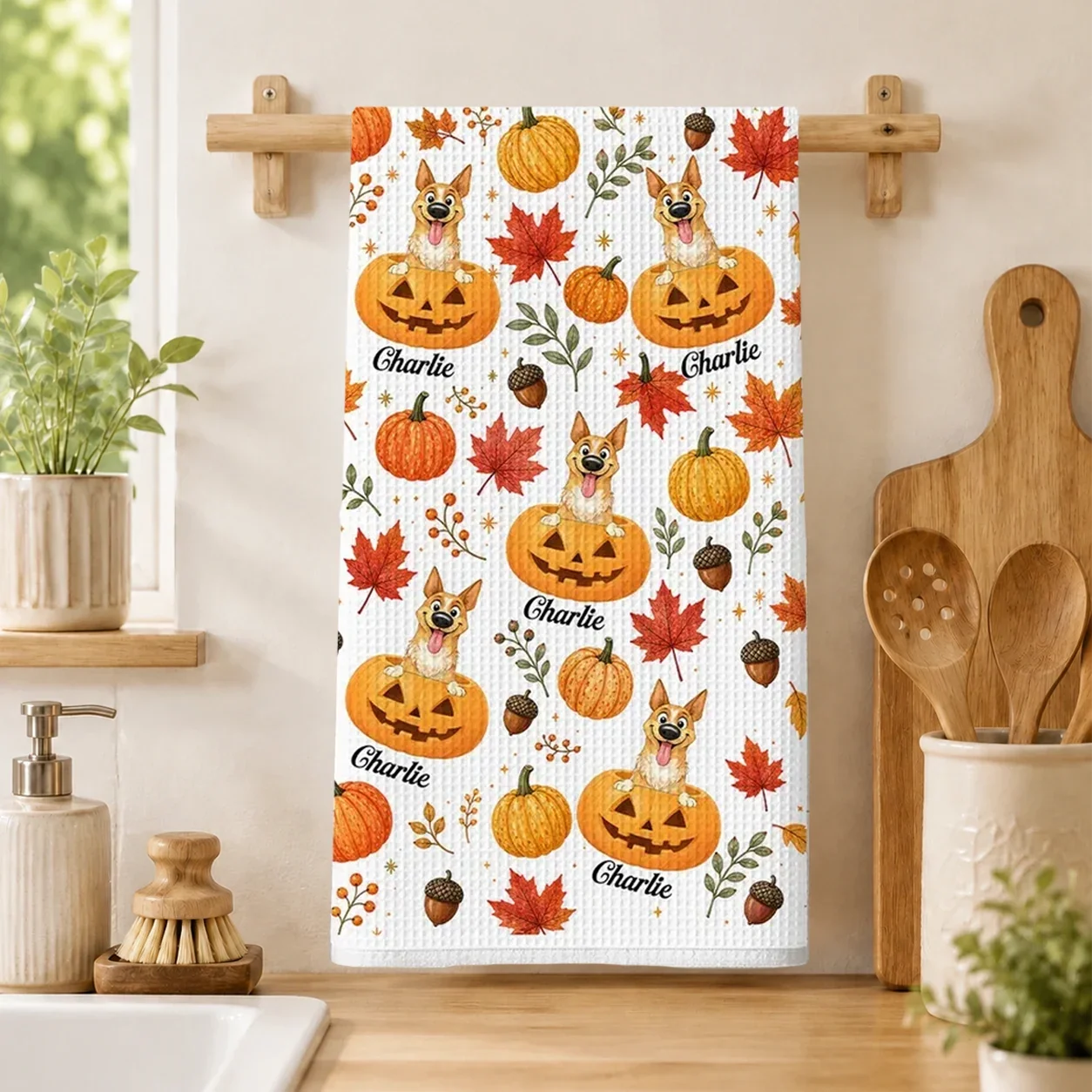 Personalized Dog Peeking from Pumpkin Kitchen Towel Gift for Pet Owners