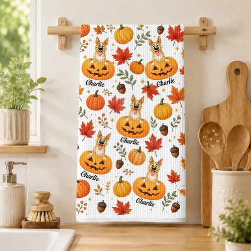 Personalized Dog Peeking from Pumpkin Kitchen Towel Gift for Pet Owners