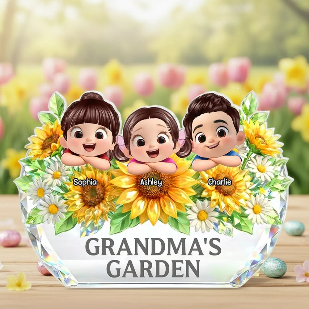 Personalized Crystal Keepsake for Grandma - Custom Cartoon Kids with Sunflowers Plaque MagicInPrints
