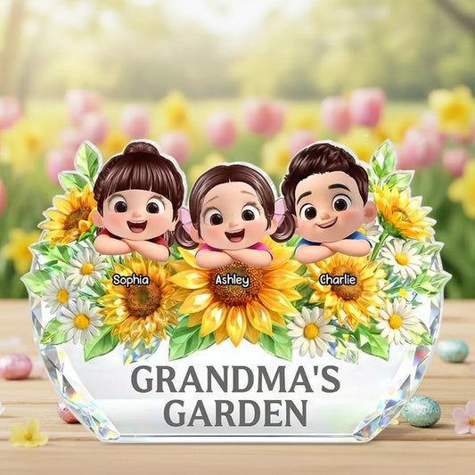 Personalized Crystal Keepsake for Grandma - Custom Cartoon Kids with Sunflowers Plaque MagicInPrints