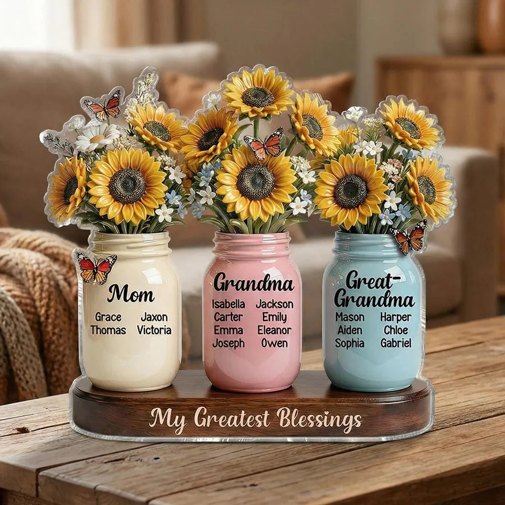 Personalized Mason Jar Flower Arrangement for Mom, Grandma, Great-Grandma - Sentimental Gift Plaque MagicInPrints