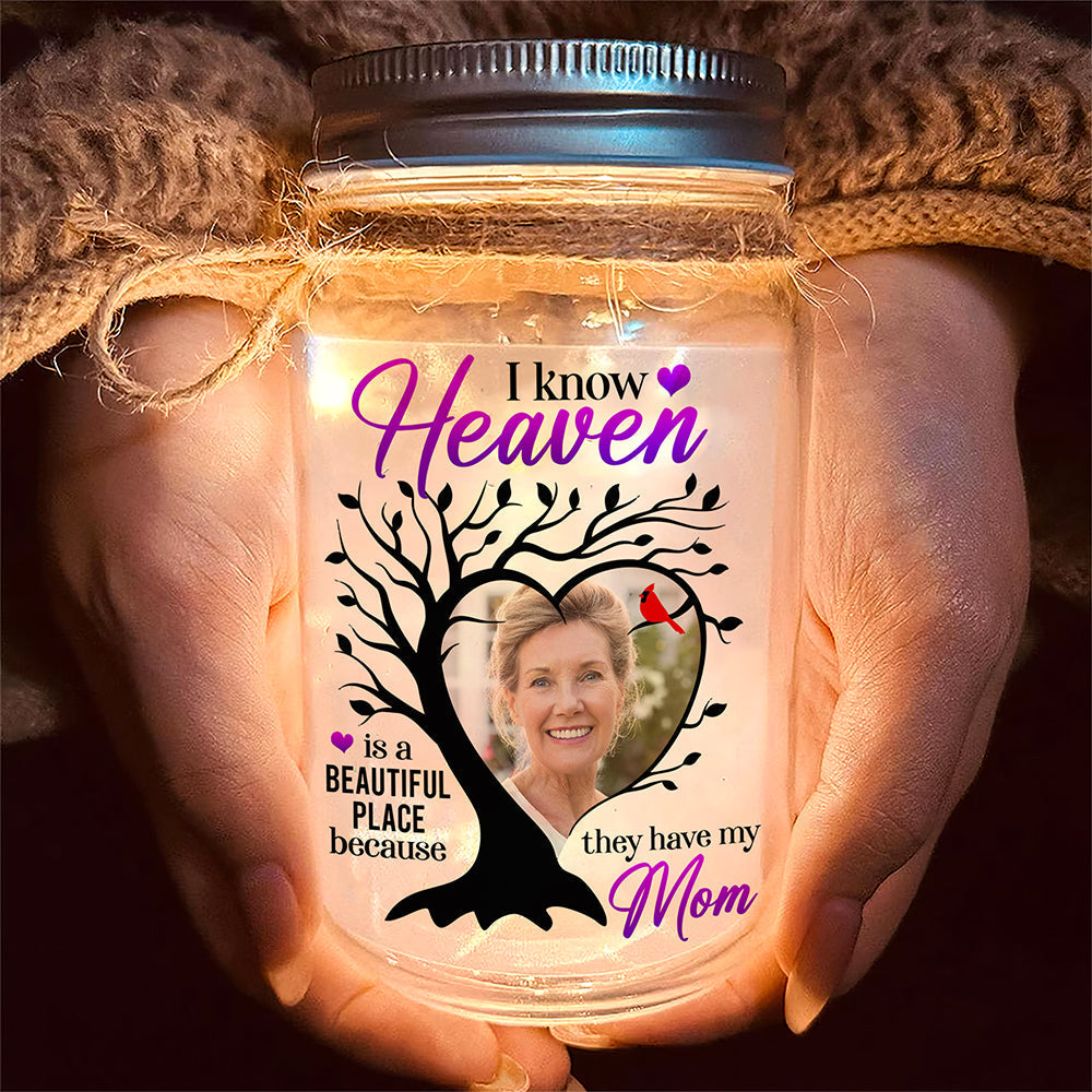 Custom Photo Memorial Mason Jar Light - Heaven is a Beautiful Place Gift for Parents Drink Jar PopCulturePrints