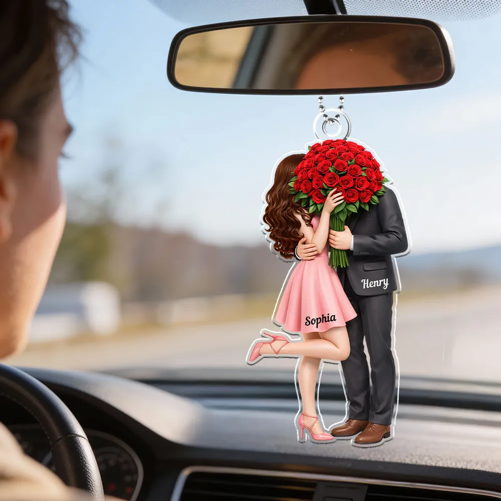 Personalized Couple Car Ornament with Names and Roses - Romantic Gift for Weddings Car Hanger MagicInPrints