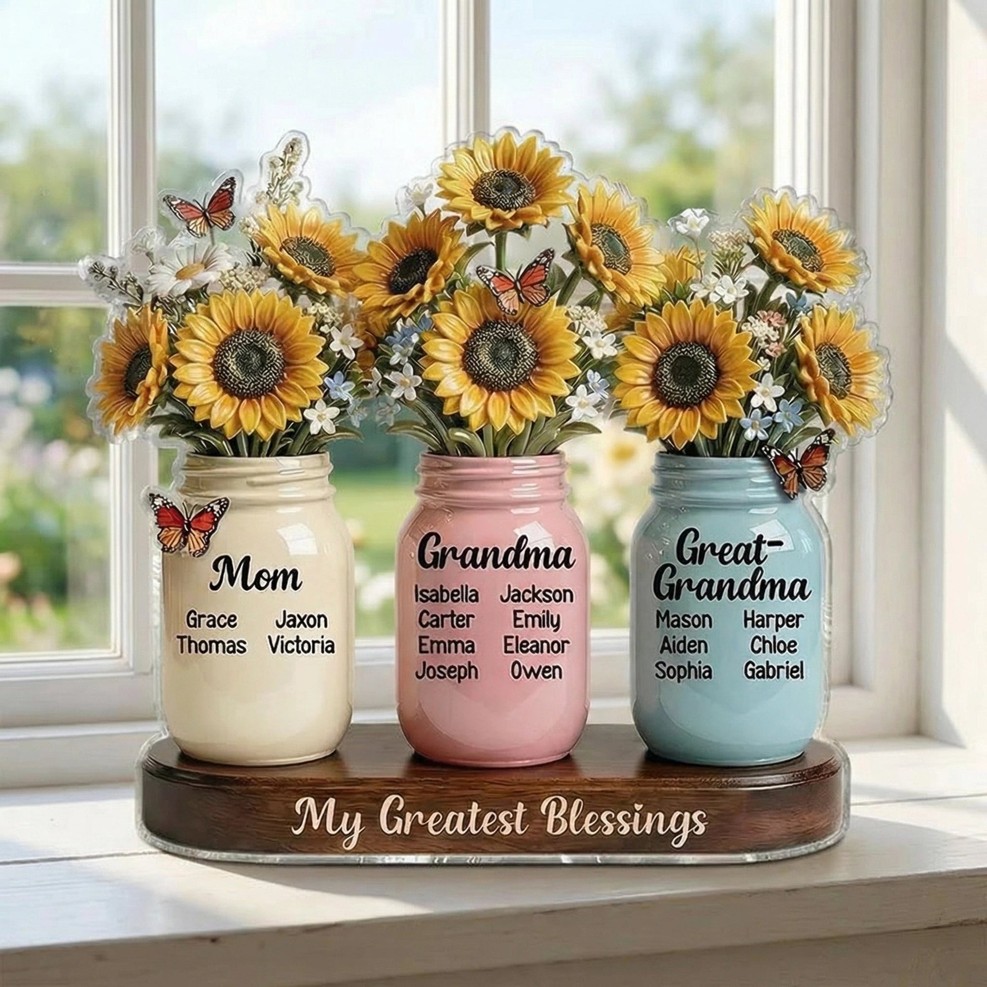 Personalized Mason Jar Flower Arrangement for Mom, Grandma, Great-Grandma - Sentimental Gift Plaque MagicInPrints