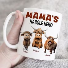 Load image into Gallery viewer, Personalized Mama&#39;s Hassle Herd Coffee Mug - Funny Highland Cow Gift Coffee Mug PopCulturePrints
