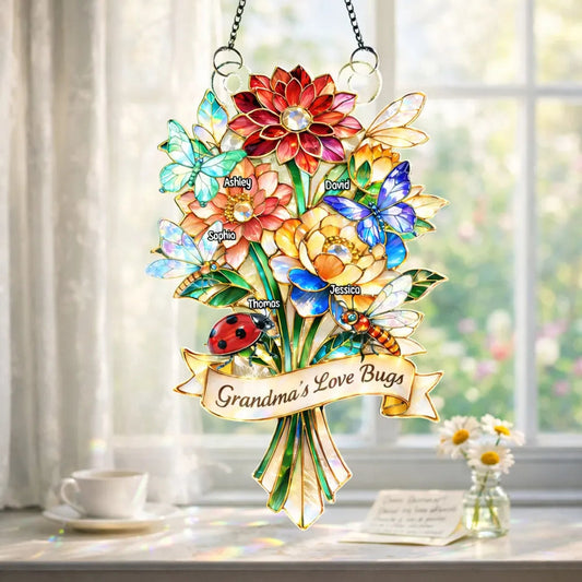 Personalized Stained Glass Suncatcher for Grandma - Custom Names Floral Decoration Ornament MagicInPrints