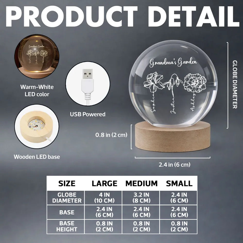 Personalized LED Crystal Ball for Grandma - Garden Design Gift Lamp MagicInPrints